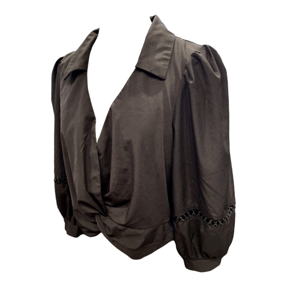 Milk & Honey Black V-Neck Puff Sleeve Tie Blouse - Picture 2 of 8